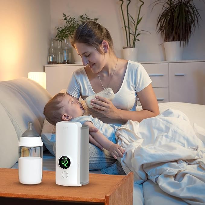 TeqHome Portable Bottle Warmer for Travel, Instant Heating & Constant Warming, Portable Baby Bottle Warmer On The Go for Breastmilk, Large Capacity Battery-Powered & Rechargeable, Temperature Display