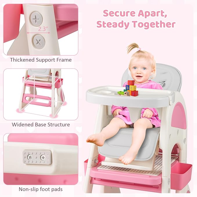BABY JOY Baby High Chair, 8 in 1 Convertible High Chairs for Babies and Toddlers, Building Block Table and Chair Set, Adjustable Backrest, Removable Double Tray, Storage Boxes, Safety Harness (Pink)