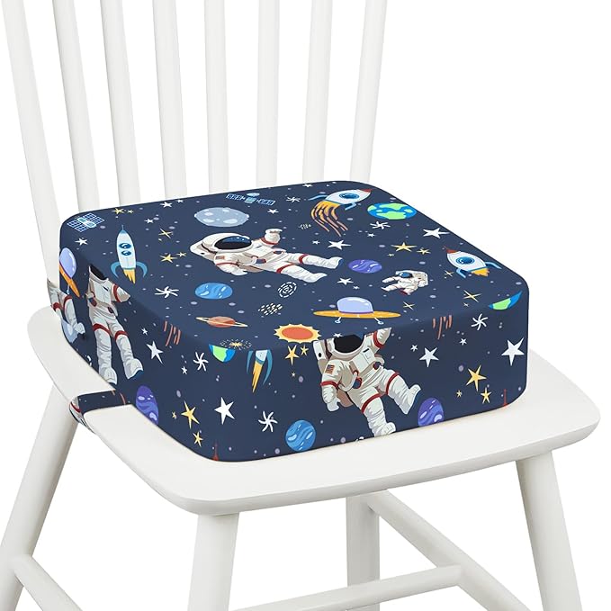 Toddler Booster Seat for Dining Table Kitchen Chair, Kids Booster Seat with Non-Slip Bottom and Adjustable Straps, 4" Detachable Washable Portable Travel Increasing Cushion (Astronaut)