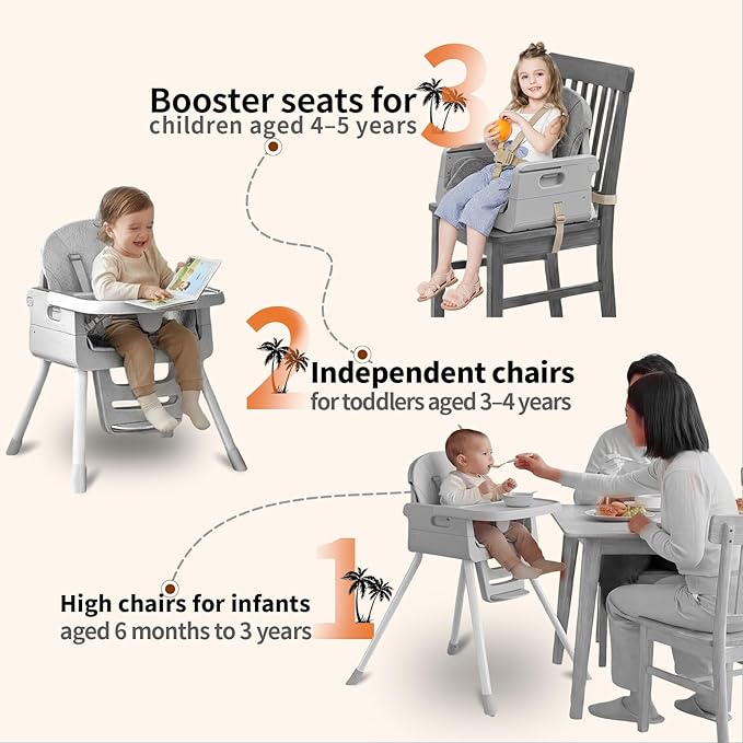 Portable 3 in 1 High Chairs for Babies and Toddlers, Convertible Baby Feeding Chair with Tray, Easy Clean Baby High Chair for Toddler with Foot Rest, Infant Highchairs & Booster Seats with Cush Grey
