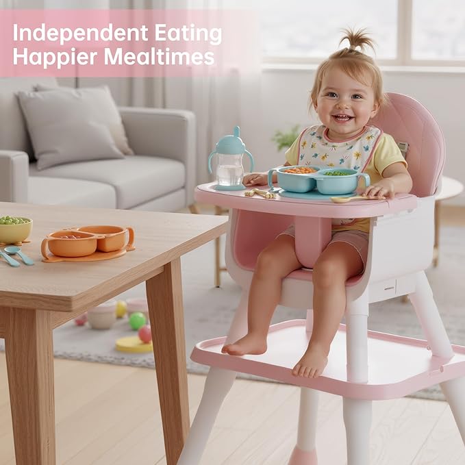 6-in-1 Convertible Baby Highchair, Booster Seat, Toddler Chair & Building Block Table, with Removable Tray, Easy Clean Cushion & 5-Point Harness (Pink)