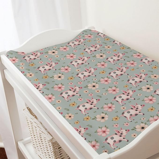 Lovely Pigs Boho Floral Changing Pad Cover Baby Pig Retro Flowers Change Table Cover for Baby Boys Girls Farm Animal Life Soft Breathable Stretch Fitted Changing Mat Sheets Cover 32''x16''