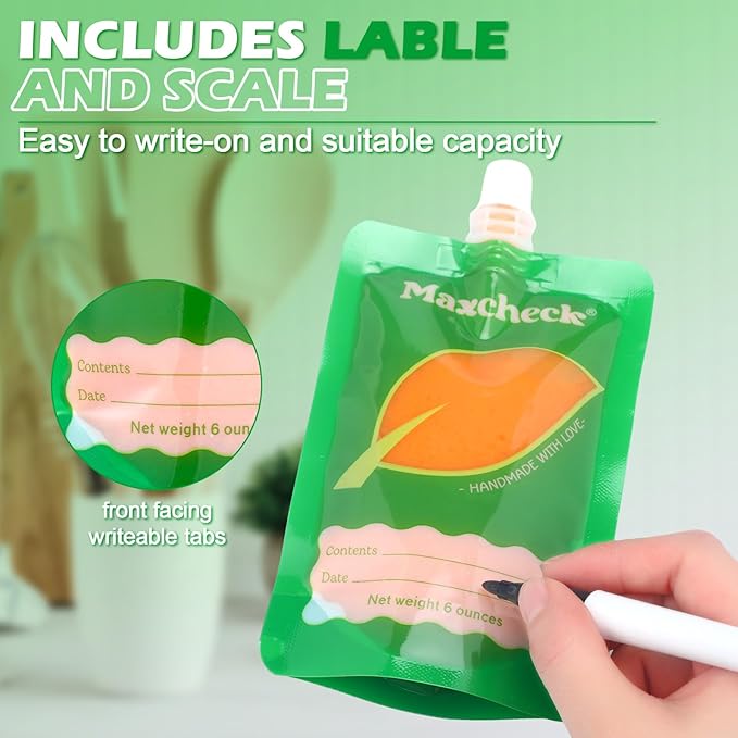 Maxcheck 53 Pcs Refillable Baby Food Pouches Food Maker Set Include 50 Pcs Portable Fruit Puree Pouch Storage Bags, Baby Food Maker, Pen and Brush for Babies Kids Toddlers