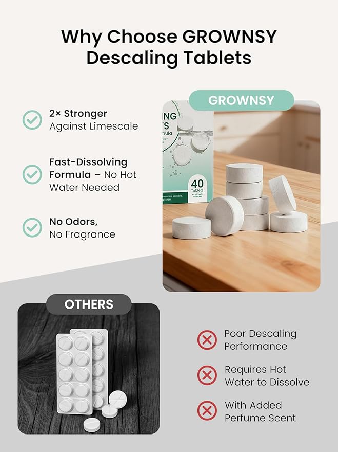GROWNSY Descaling Agent Descaling Tablets for Bottle Warmer & Sterilizer, Daily Essential Descaler, Cleaner for Baby Food Makers, Deep Limescale & Odor Removal, Performance Care, 40 Count for Regular