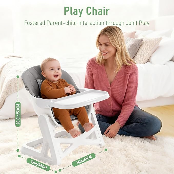 Baby High Chair, Babies and Toddlers Convertible Slim High Chair with 6 Growing Stages from Infant to Toddler Seating with Removable Tray, Easy to Clean,Gray Cushion
