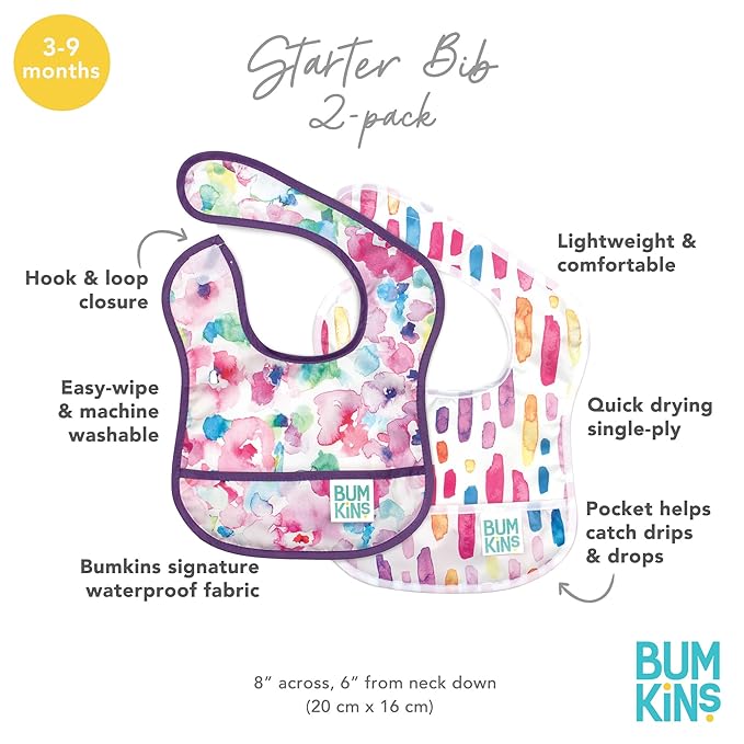 Bumkins Bibs, for Baby Girl or Boy, Infant 3-9 Months, Essential Must Have for Eating, Feeding, Baby Led Weaning, Mess Saving Waterproof Soft Fabric, Starter Bib 2-pk Watercolors and Brushstrokes