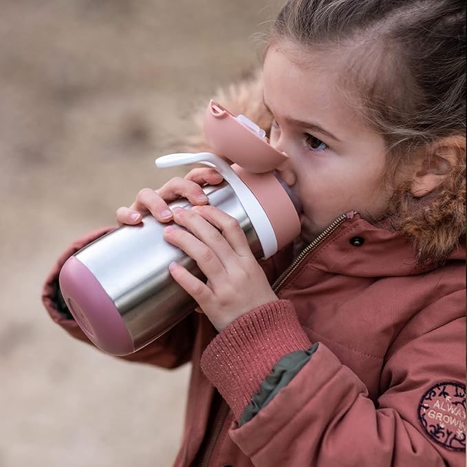BEABA Kids Stainless Steel Insulated Water Bottle, Kids Water Bottle, Toddler Thermos with Spill Proof Spout and Close Top, Perfect for Travel, (Rose)