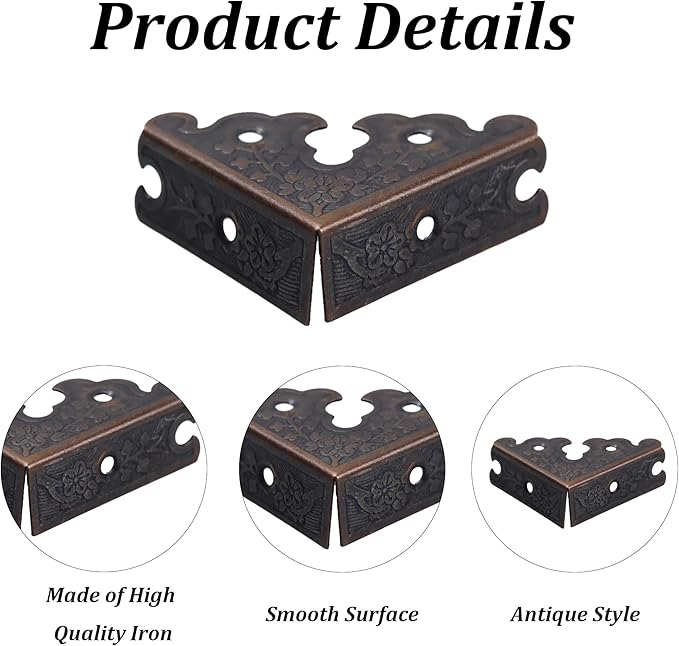 4Pcs 1.37"x1.37" Furniture Corner Protectors, Vintage Corner Guard Metal Edge Guards Decorative for Jewelry Box Cabinet Wooden Case with Screws, Red Bronze