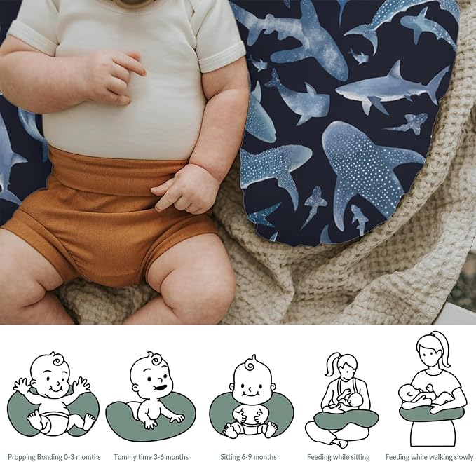 Blue Sharks Baby Nursing Pillow Covers for Boy Girl Sea Ocean Animal Nursing Pillow Slipcovers for Breastfeeding Pillows Nautical Shark Soft Stretchy Removable Covers for Newborn Infant