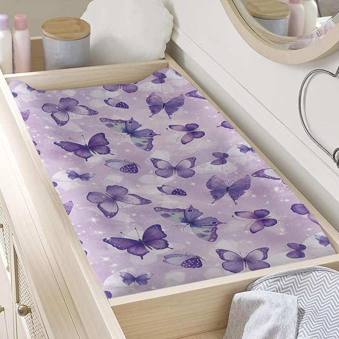Purple Butterfly Diaper Changing Pad Covers Soft & Stretchy Changing Pad Protectors for Baby Girls, One Size, Fancy Style Change Table Cover