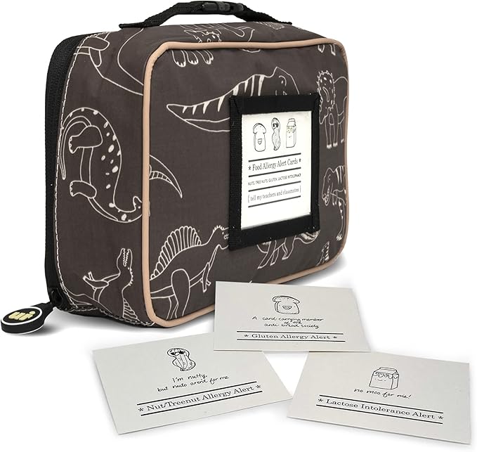 Urban Infant Yummie Kids Lunch Box Insulated Bag - Toddler Boys and Girls – Perfect for Daycare Preschool Travel Snacks – Allergy Alert Cards - Fits Bento Boxes - Dinosaurs