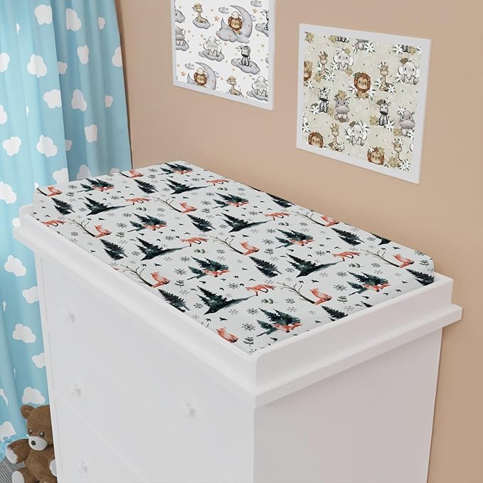 Cute Red Foxes Changing Pad Covers Winter Snow Trees Birds Change Table Pad Cover for Baby Boys Girls Soft Breathable Stretch Diaper Changing Mat Sheets 32''x16''