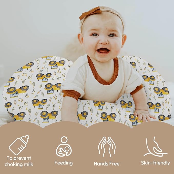 Watercolor Yellow Tractors Baby Nursing Pillow Covers for Boy Girl Farm Tractors Boho Leaves Nursery Feeding Pillowcase for Breastfeeding Pillows Farm Life Soft Stretchy Slipcovers for Newborn Infant