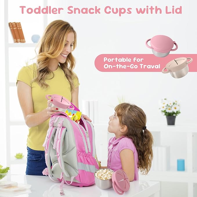 Bufilea 2 Pack Snack Containers for Toddlers, Stainless Steel Toddler Snack Cups with Silicone Food Catcher & Lids,Snack Cups for toddlers Spill Proof