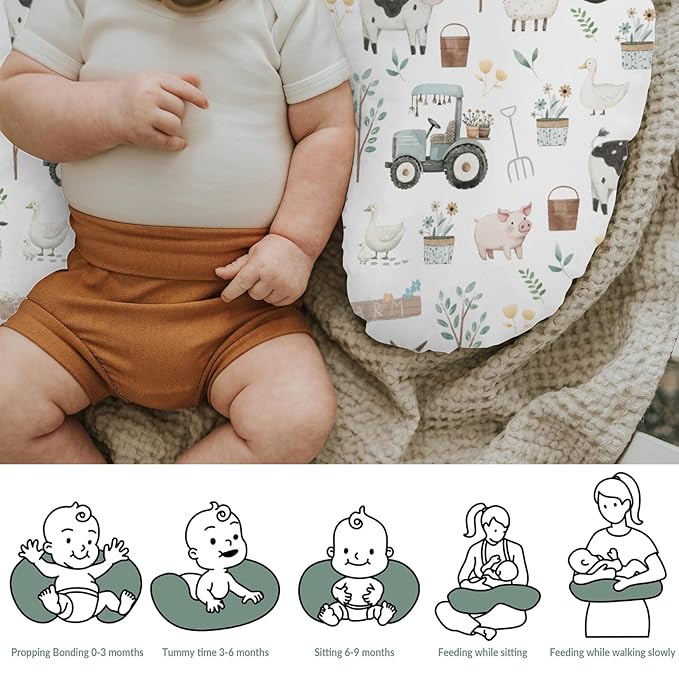 Boho Farm Animals Baby Nursing Pillow Covers for Boy Girl Lamb Cow Chicken Duck Tractor Tree Nursery Slipcovers for Breastfeeding Pillows Spring Farm Life Soft Stretchy Cover for Newborn Infant