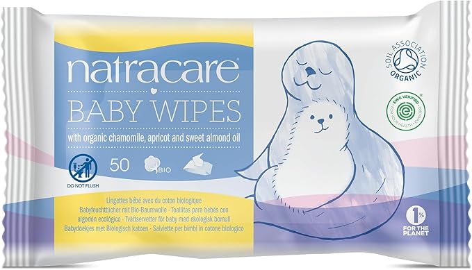 Natracare Organic Cotton Baby Wipes With Essential Oils of Chamomile, Apricot and Sweet Almond Oil (1 Pack, 50 Wipes Total)