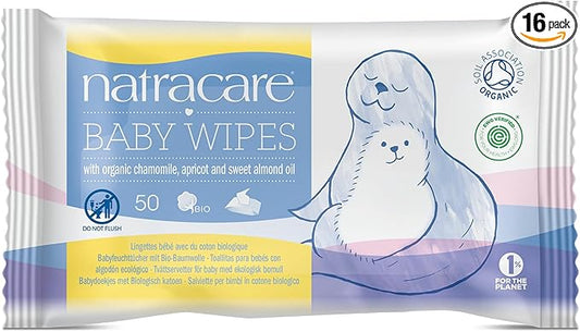 Natracare Organic Cotton Baby Wipes With Essential Oils of Chamomile, Apricot and Sweet Almond Oil (16 Packs, 800 Wipes Total)