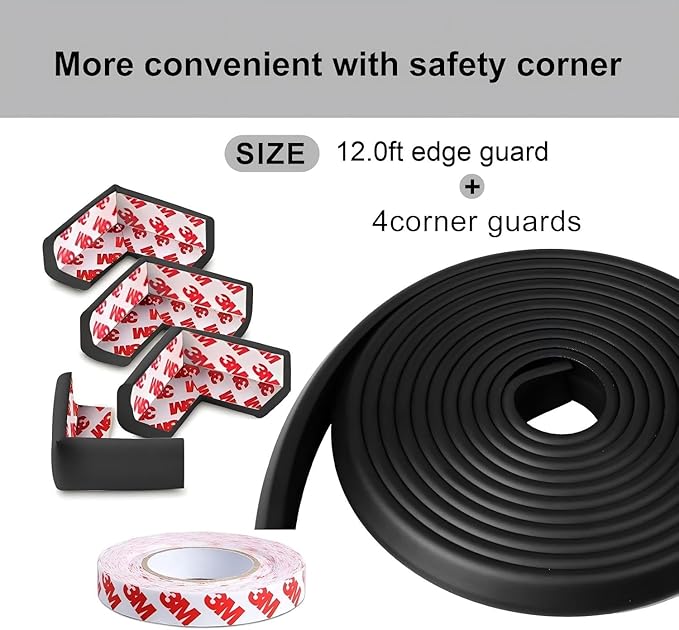 Foam Baby Proof Corners and Edges, Corner Protector Baby(12ft Edge+4corners) Adhesive for Table, Furniture, Cut to Any Size, Easy Install and Remove on Wood Metal Glass