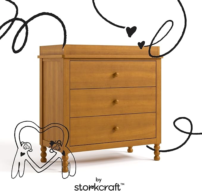 Storkcraft Rio 3 Drawer Chest with Changing Topper (Almond) – GREENGUARD Gold Certified, Premium Wood Dresser for Baby & Kids Bedroom, Safety Interlocking Drawers, Pre-Installed Tracks, Kids Chest