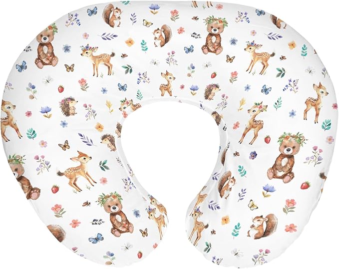 Watercolor Animals Spring Baby Nursing Pillow Covers for Boy Girl Bear Bunny Raccoon Floral Leaves Nursing Pillowcase for Breastfeeding Pillows Animal Soft Stretchy Slipcovers for Newborn