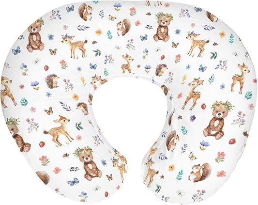Watercolor Animals Spring Baby Nursing Pillow Covers for Boy Girl Bear Bunny Raccoon Floral Leaves Nursing Pillowcase for Breastfeeding Pillows Animal Soft Stretchy Slipcovers for Newborn
