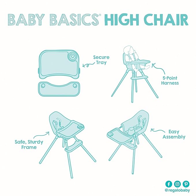 Regalo Baby Basics® High Chair for Babies and Toddlers, Baby High Chair with Removable Oversized Tray & Cup Holder, 5-Point Harness, Easy to Clean Toddler High Chair, White