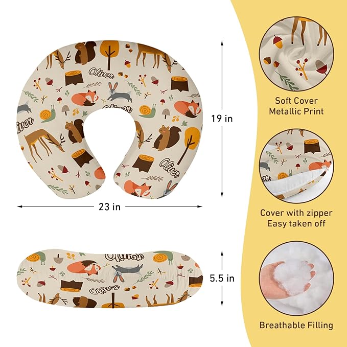 Baby Nursing Pillow Cover - Personalized Name Breastfeeding Pillow Cover with Deer Pattern, Stretchy Removable U-Shaped for New Moms, Soft Breathable Slipcover for Infant Boys Girls