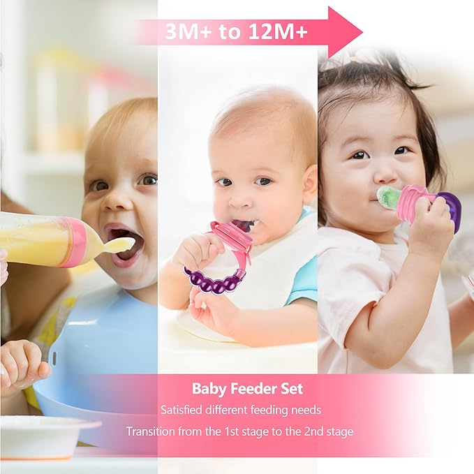 Baby Fruit Feeder Pacifier - 12 Pack | 2 Infant Food Feeder Pacifier & 1 Baby Food Dispensing Spoon | Fresh Fruit Teethers for Babies | Silicone Feeder Babies,Infant Teething Feeders (Pink)