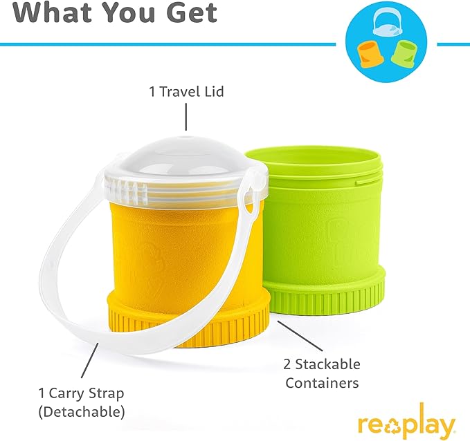 Re-Play Snack Stack Toddler Containers, 2 Sets - Stackable Cups with Travel Lid & Strap for On-the-Go, BPA-Free, Made in USA, Sunny/Lime