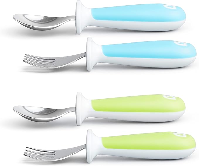 Munchkin® Raise™ Toddler Fork and Spoon Utensil Set, Rest Keeps Tip Off Table, BPA Free, 4 Pack, Blue/Green