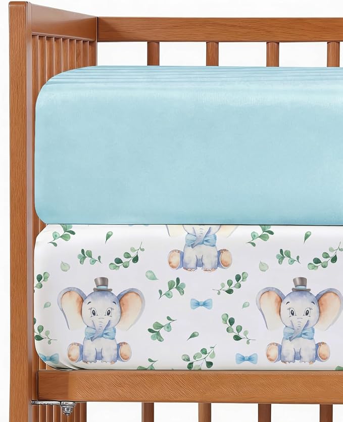 2-Pack Mini Crib Sheets Fitted - Pack N Play Sheets for Pack and Play Mattress - Stretchy Soft Microfiber Playard Bedding - Mini Toddler Bed Cover for Boys and Girls - Oeko-Tex - 38 x 24in, Elephant