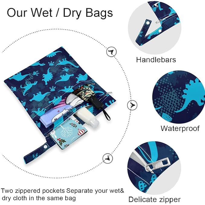 visesunny Blue Dinosaur Footprint 2Pcs Wet Bag with Zippered Pockets Washable Reusable Roomy for Travel,Beach,Pool,Daycare,Stroller,Diapers,Dirty Gym Clothes, Wet Swimsuits, Toiletries