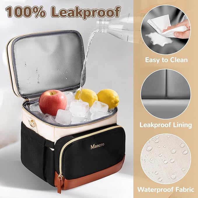 Mancro Expandable Bottle Cooler Bag Fits 6 Bottles Up to 9oz, Double Layer Breastmilk Cooler Bag with Ice Pack, Leakproof Breast Milk Cooler Travel Bag with Stroller Strap for Nursing Moms, Black