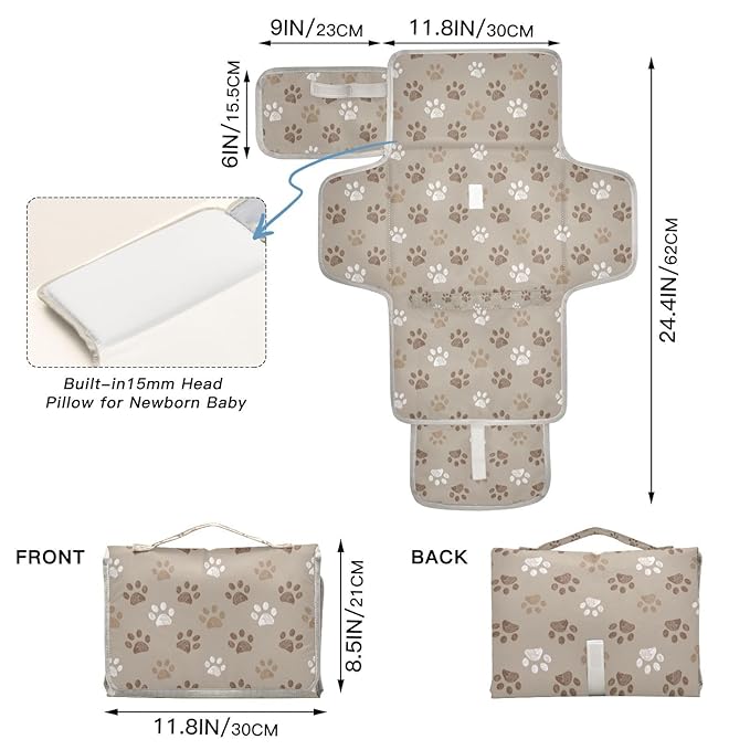 Dog Paws Portable Diaper Changing Pad with Wipes Holder, Brown and White Paw Foldable Baby Diaper Changer Travel Bag Cute Baby Changing Mat with Built-in Pillow for Newborn
