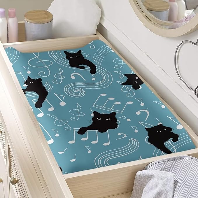 Cat Musical Baby Changing Pad Cover Cozy Diaper Changing Mat Cover Dust Cover Waterproof Breathable Nursery Pad Change Cover Fit 32"x16" Contoured Pad