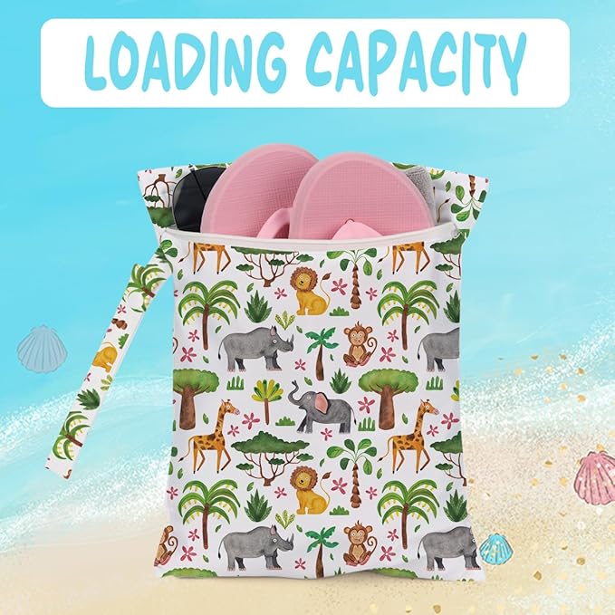 Wet Bag for Baby Swimsuit Kids Wet Dry Bag for Breast Pump Parts Diaper Bag Toiletries Daycare Organizer Beach Vacation Essentials Animal Jungle Waterproof Travel Laundry Bags