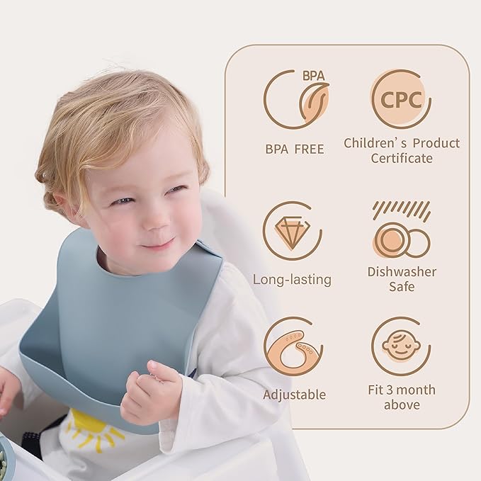 Moonkie Silicone Baby Bibs Set of 2, BPA Free Waterproof Baby Bibs for Eating, Soft Adjustable Silicone Bibs for Babies 6-12 Months, Toddler Bibs with Large Pocket Food Catcher (Dark Grey/Kodak)