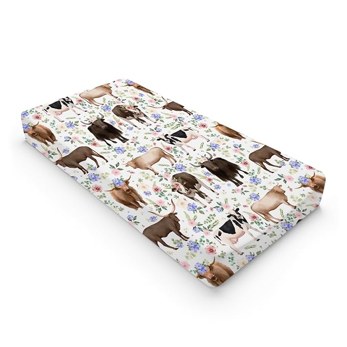 Farm Cows Boho Floral Changing Pad Cover Cows Yak Cattles Flowers Change Table Pad Cover for Boys Girls Farm Animals Soft Breathable Stretchy Fitted Diaper Changing Mat Sheets 32''x16''