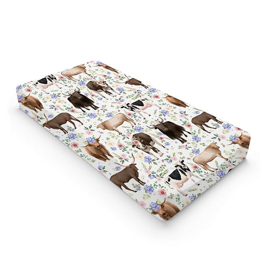 Farm Cows Boho Floral Changing Pad Cover Cows Yak Cattles Flowers Change Table Pad Cover for Boys Girls Farm Animals Soft Breathable Stretchy Fitted Diaper Changing Mat Sheets 32''x16''
