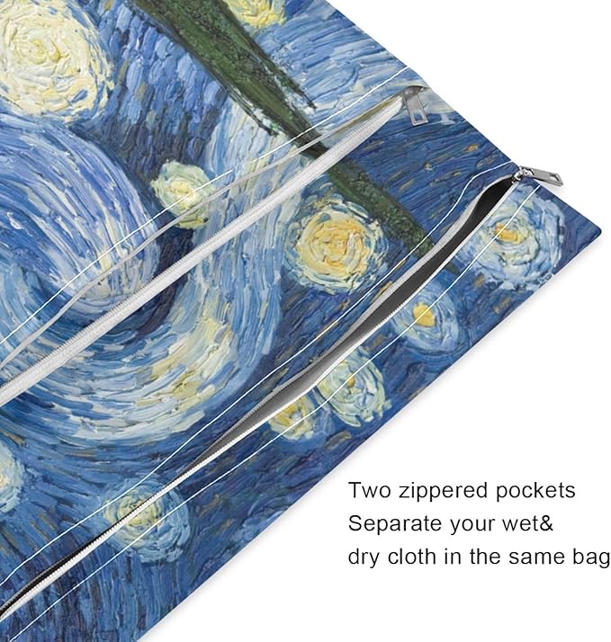 Van Gogh The Starry Night Art Print Waterproof Wet Bags - Machine Washable | Wet Dry Bag for Cloth Diapers, Swimsuit,Daycare, 2 Pack