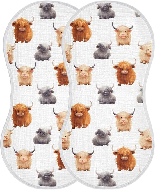 2Pcs Cute Highland Cow Pattern Burp Cloth,Unisex Large Absorbent Soft Cotton Muslin Burping Cloths for Newborn Boys Girls,11x22in,A110859