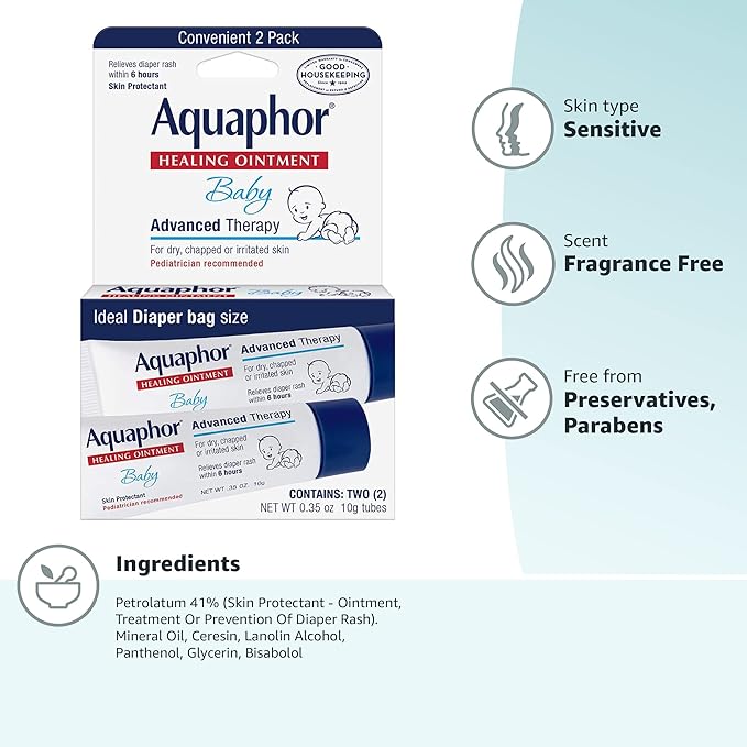 Aquaphor Baby Healing Ointment, To-Go Pack | Advanced Therapy | For Chapped Cheeks | For Diaper Rash | 2 Count Pack