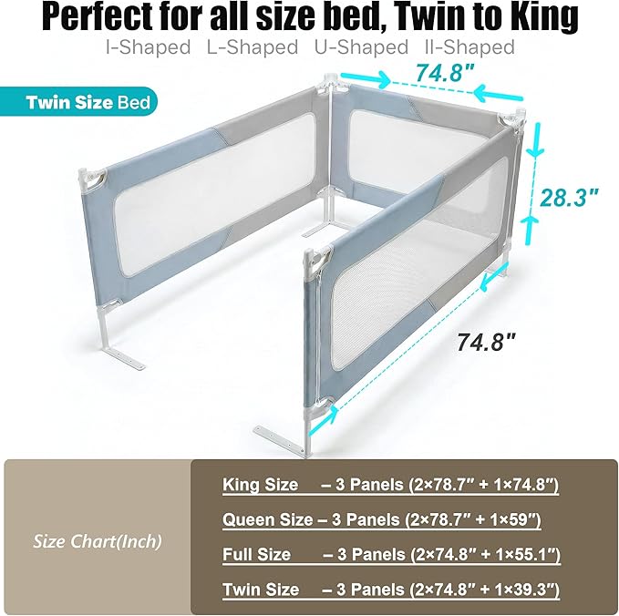 King Size Baby Bed Rail Guard – Extra Tall Safety Bedside Rail with Headboard Rod for Toddlers, Adjustable No-Gap Design, 3 Panels (2×78.7″ + 1×74.8″), Gray + Light Blue