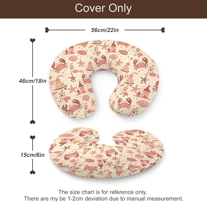 Cartoon Ocean Beach Crab Starfish Seashells Sandcastle Pattern Nursing Pillow Cover, Unisex Removable Breastfeeding Pillowcase Slipcover for Baby Girls Boys Newborns Toddlers, Cover Only