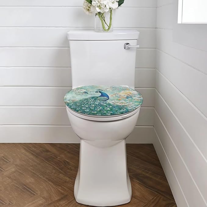 Peacock Toilet Lid Cover Soft Flannel Fabric Toilet Cover Elastic Edges Seat Covers Soft and Breathable Toilet Lid Covers for Bathroom Fits Most Toilet Lids