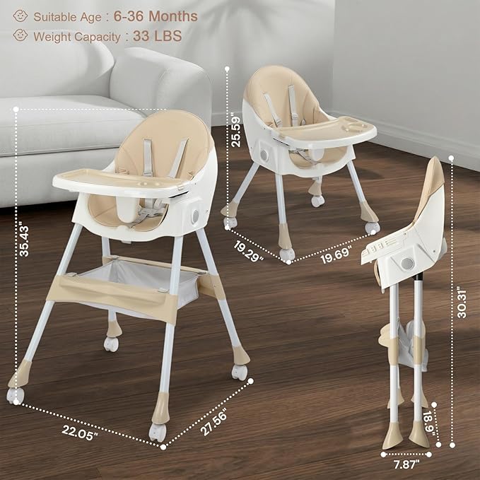 Ktaxon Foldable Baby High Chair, 2-in-1 Portable Convertible Highchair with 5-Point Safety Harness, Easy to Clean Tray and Storage Bag for Toddlers & Babies, Beige