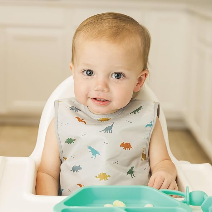 Tiny Twinkle Mess Proof Baby Bib for Boys | Waterproof Toddler Bib for Eating | Baby Apron for Feeding, Machine Washable | Perfect Shower Gift (Dinosaur, 6–24M)