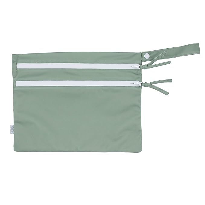 BapronBaby Minimalist Sage Wet Dry Bag - Waterproof Two Zipper Pockets - Reusable for Mealtime, Diapers, Stroller, Snacks, Swimsuits - Machine Washable - 11" x 9"