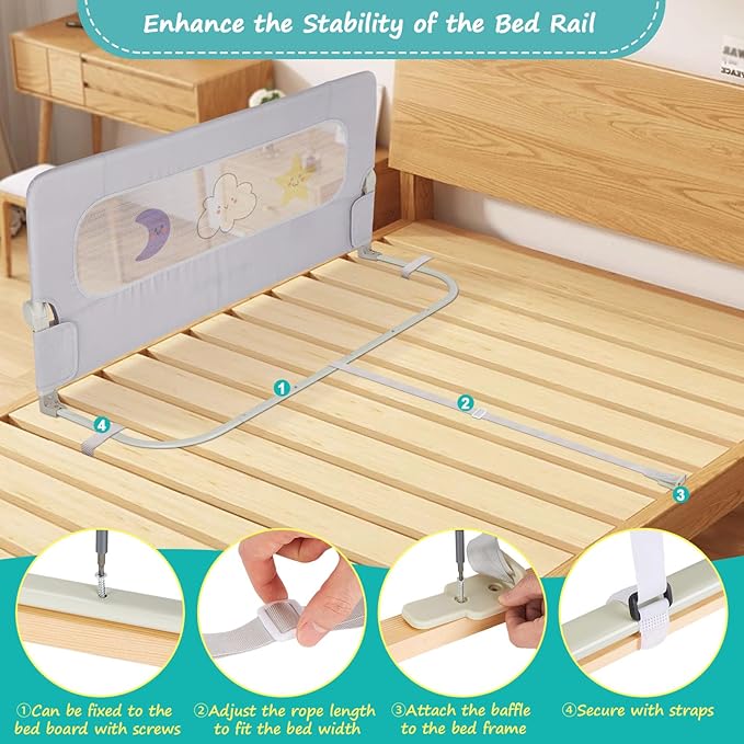 welspo Bed Rail for Toddlers, Foldable Swing Down Baby Bed Rail Guard, Extra Tall Child Safety Bedrail, Fits Twin Full Queen Bunk Beds(Grey, 47inch)