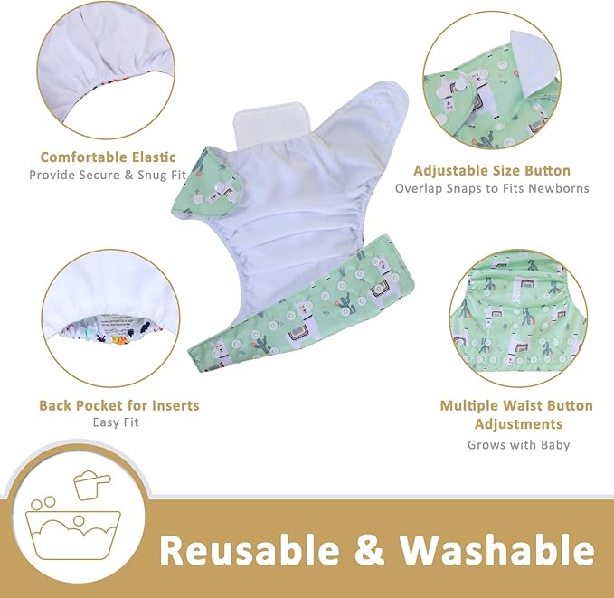TDIAPERS Cloth Diapers Reusable Washable Pocket Diapers Cover One Size Adjustable for Baby Snaps Cloth Diapers Nappy 6 Pack with 6 Pcs Microfiber Inserts,1 Wet Bag